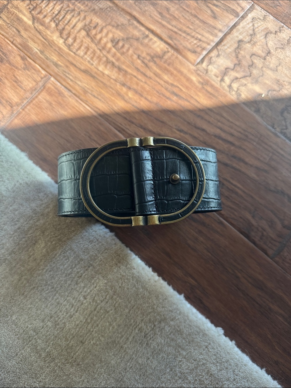 Sezane Black Croc-Embossed Leather Belt with Antique Gold Double Ring Buckle